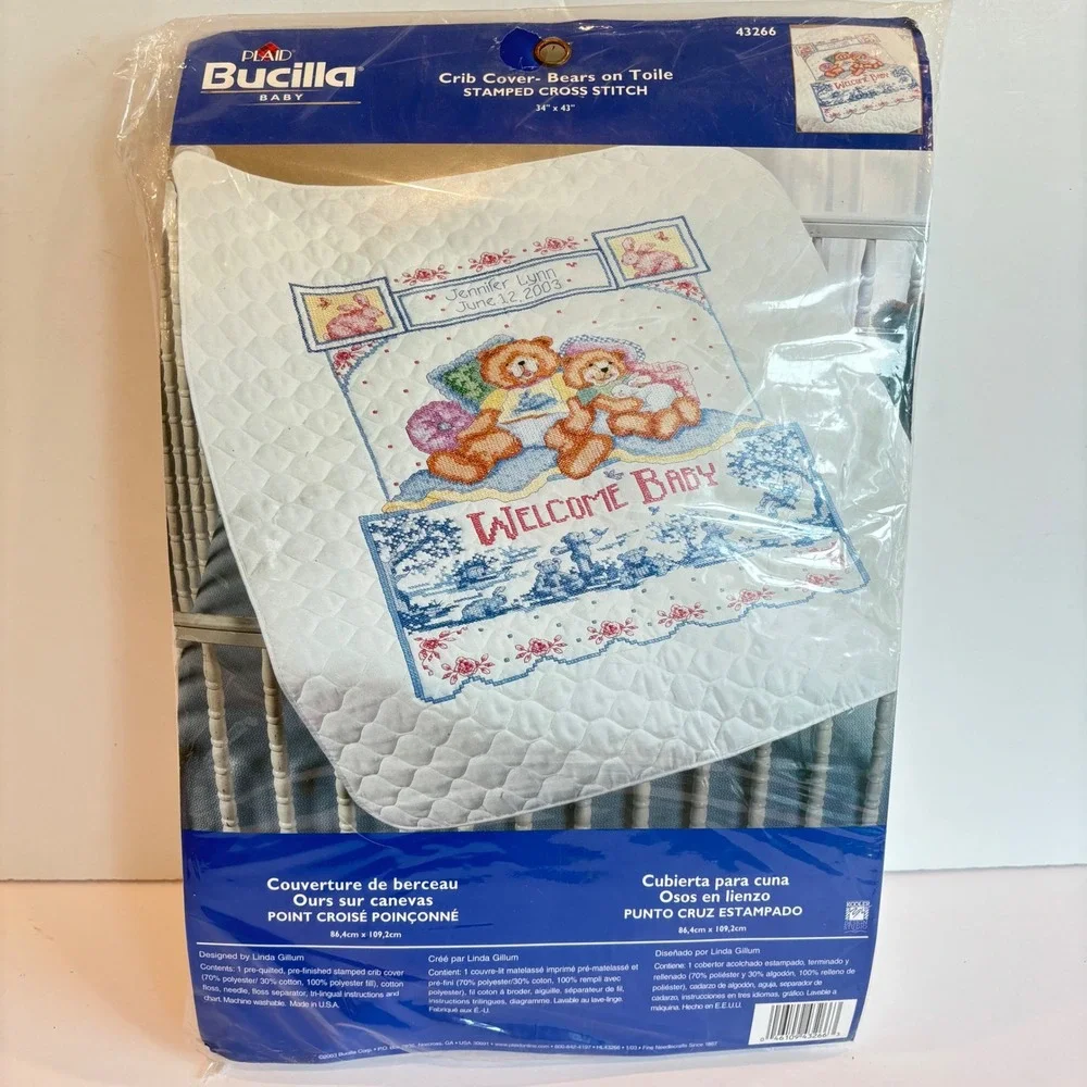 Bucilla Baby Crib Cover Stamped Cross Stitch Kit Bears Welcome Baby Vtg 2003 New
